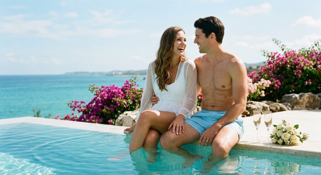 Honeymoon newlyweds laughing side by side at an infinity pool overlooking the sea, wedding rings visible