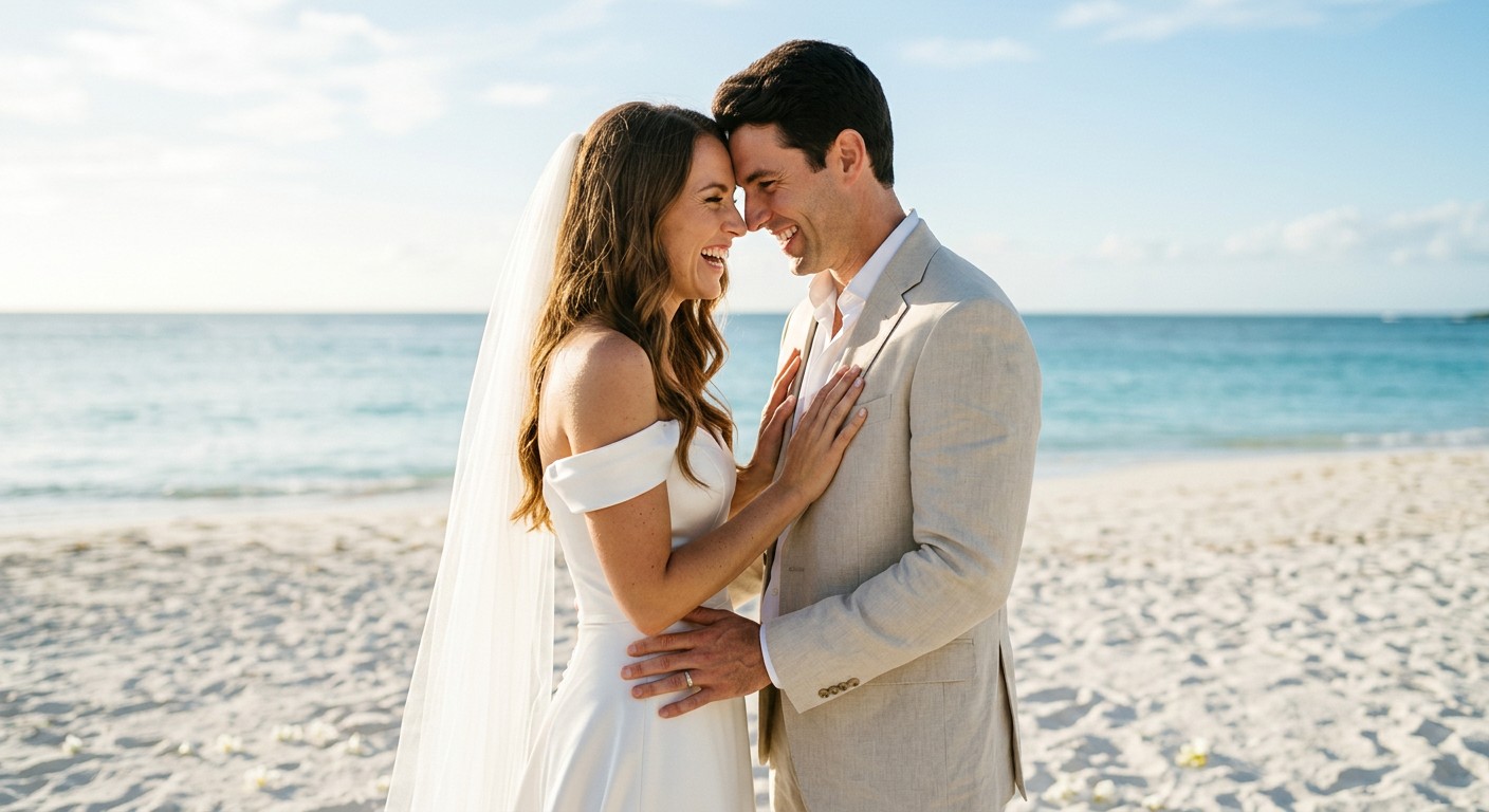 Newlywed bride and groom embracing on a white-sand beach, laughing forehead to forehead in bright sun — featured image for the orgasm gap and choosing a life partner