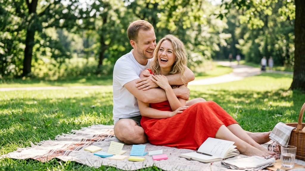 Laughing couple hugging on a picnic blanket in a sunny park, a warm image of adhd and marriage