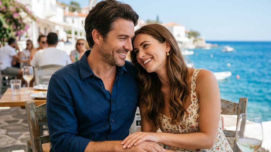Smiling couple with an age gap sitting close on a sunny seaside cafe terrace; age gap relationships