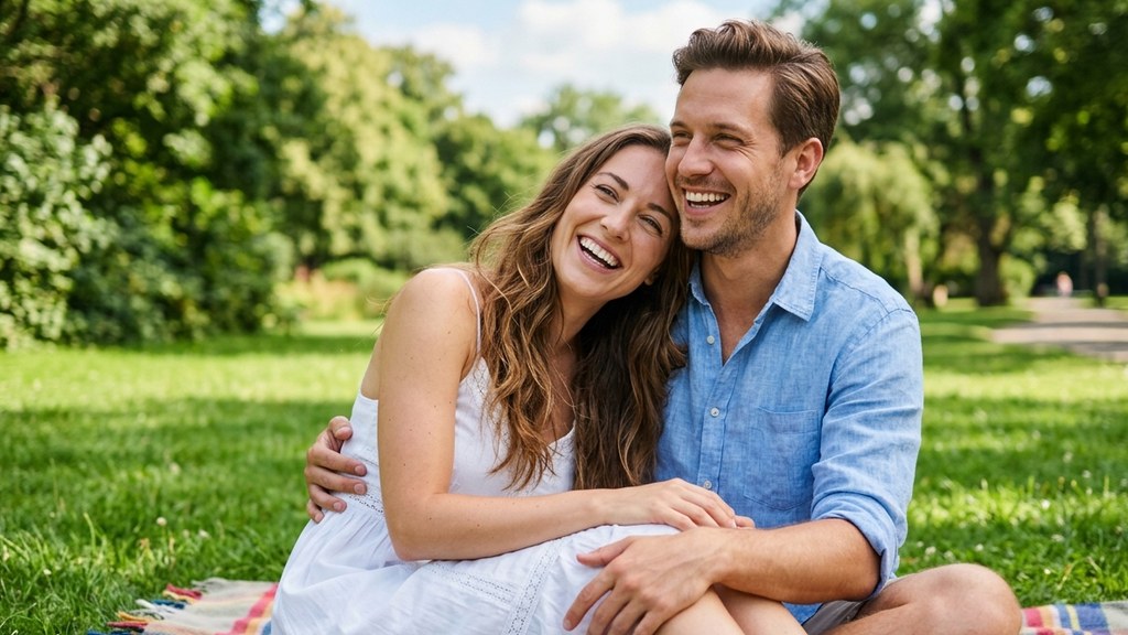 Couple laughing together on a picnic blanket in a sunny park, talking openly about antidepressant sexual side effects