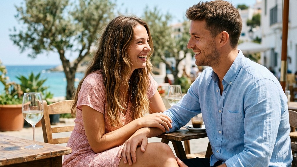 Young couple laughing together at a sunny seaside café