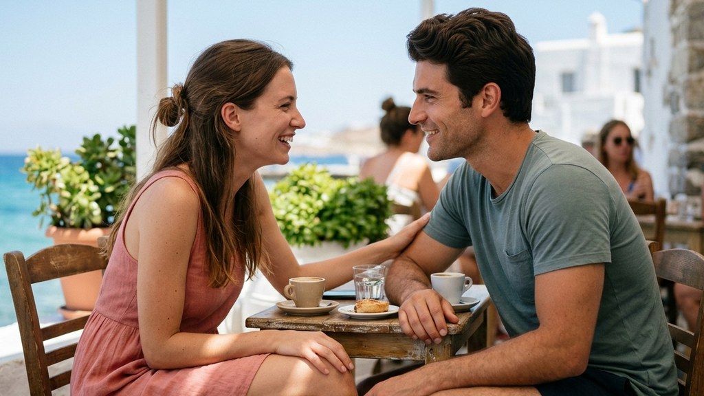 Young couple laughing together at a sunny seaside café