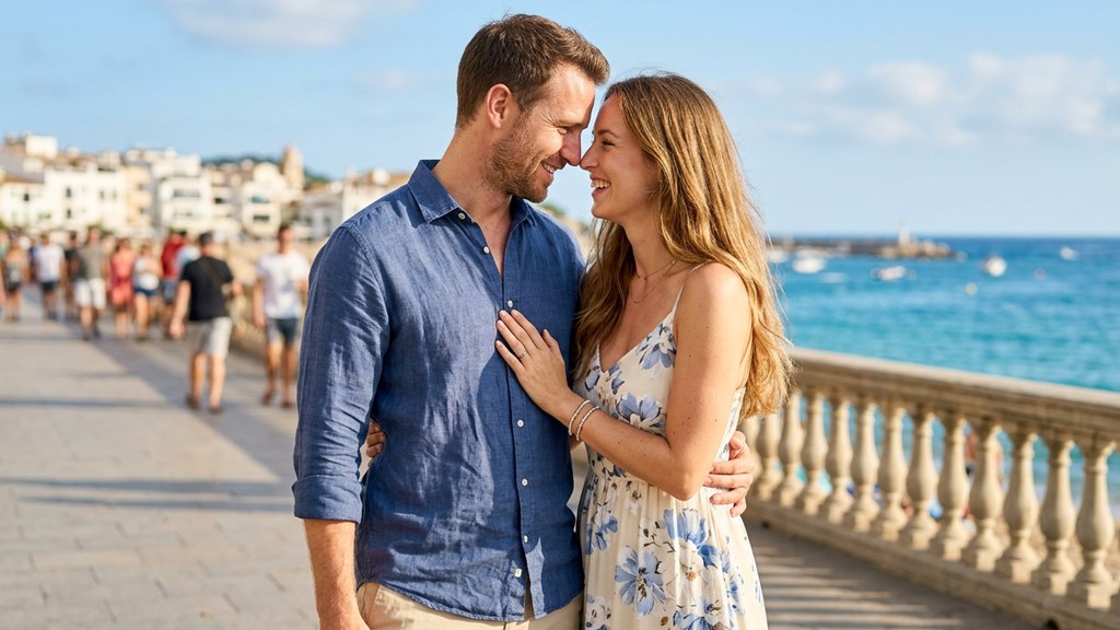 Couple touching foreheads on a sunny seaside promenade, a moment of close intimacy