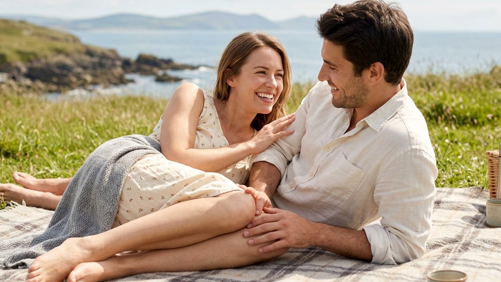 Smiling couple on a picnic blanket by the sea, her feet tucked against him: body temperature and a shared bed