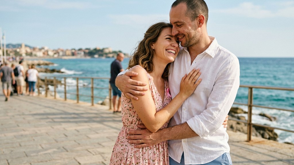 Couple embracing on a sunny seaside promenade, a picture of partner support around breast cancer screening
