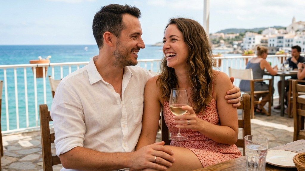 Happy couple laughing on a sunny seaside terrace, a warm moment for talking about breast self-examination