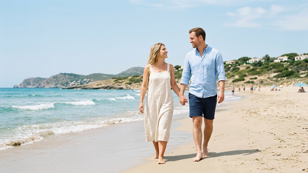 Confident woman walking hand in hand with her partner on a sunny seashore, cellulite and body confidence