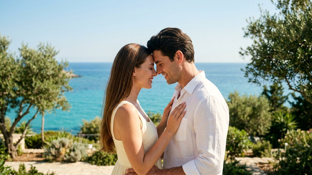 Couple touching foreheads in a warm embrace on a sunny coastal terrace, romantic love and planning a family future together