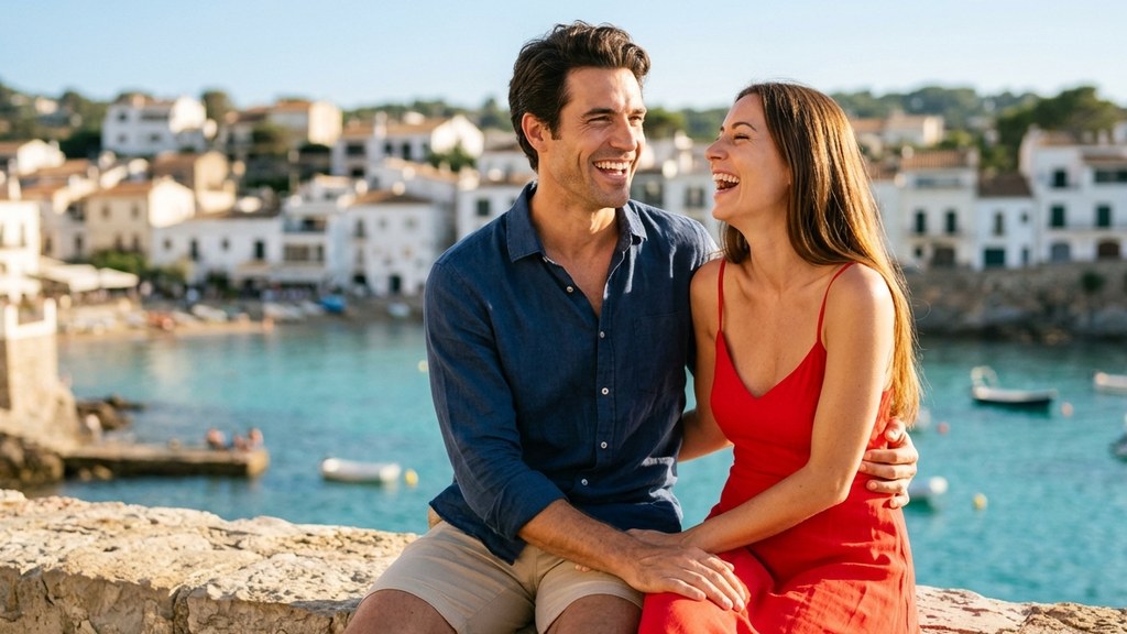Couple laughing on a sunny Mediterranean seawall, showing how a shared sense of humor builds closeness
