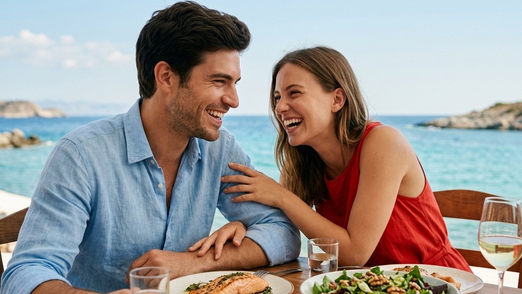 Young couple laughing over a seaside lunch of salmon, salad and walnuts, essential fatty acids | زوج جوان سر ناهار ماهی و گردو کنار دریا؛ اسیدهای چرب ضروری