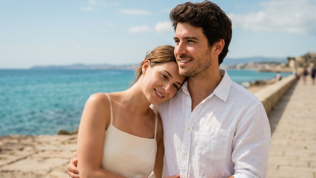 Young couple embracing on a sunny seaside promenade, emotional support after heartbreak | زوج جوان در آغوش هم کنار دریا؛ حمایت پس از دل‌شکستگی