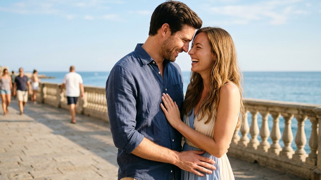 Couple style: a laughing couple in harmonised navy and cream-blue summer clothes standing close on a sunny seaside promenade