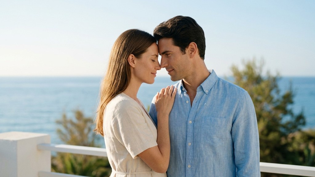 Couple touching foreheads on a calm seaside terrace, a quiet moment that eases everyday stress and supports intimacy