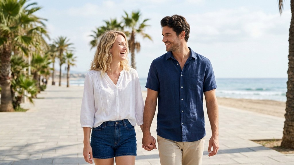 Couple walking hand in hand along a sunny seaside promenade, laughing together, a picture of steady and happy love