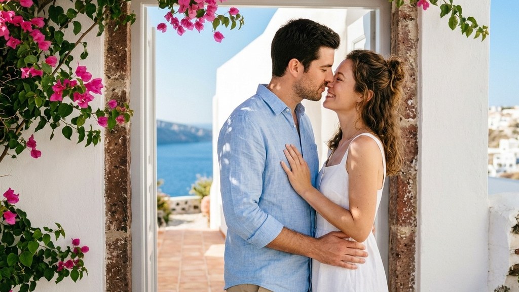 Couple sharing a slow goodbye kiss at a sunny whitewashed doorway, one of many daily affection rituals