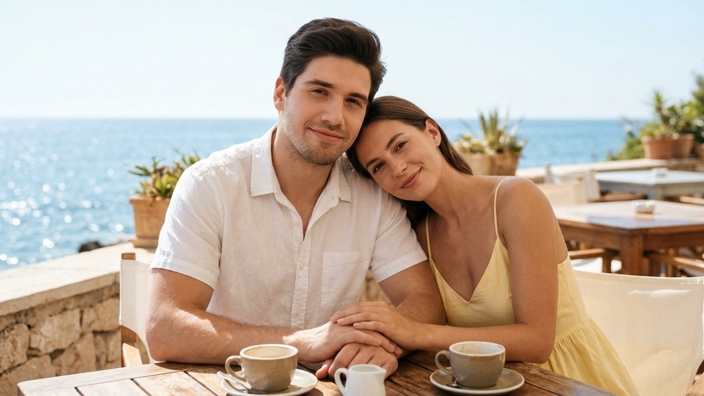 Couple holding hands over morning coffee on a sunny seaside terrace, a simple daily affection ritual