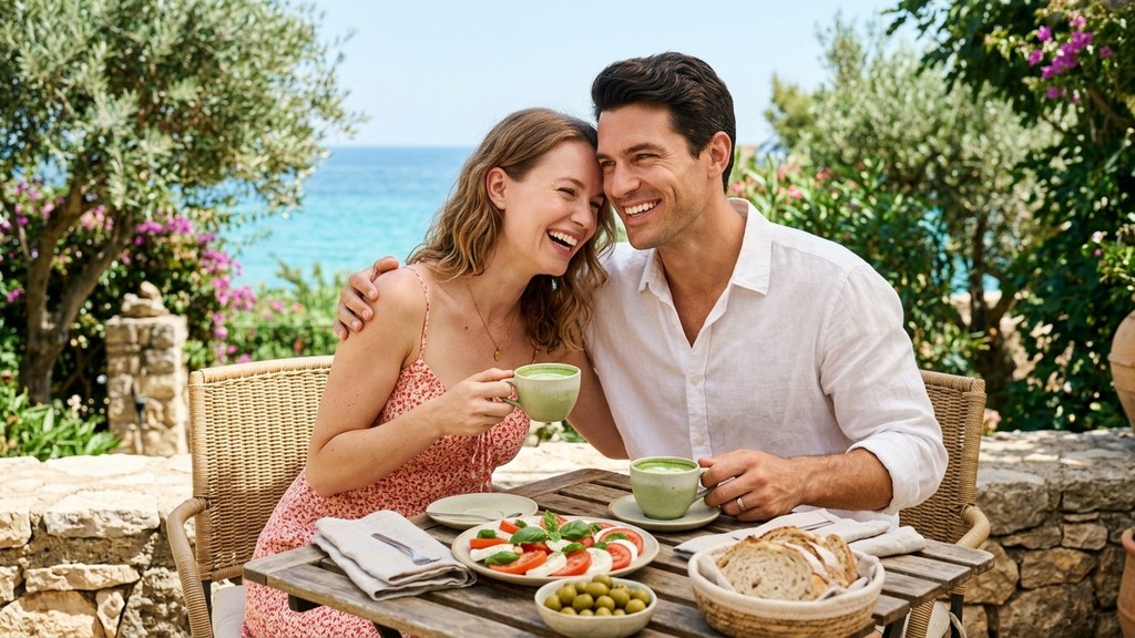 Laughing couple sharing matcha and a Mediterranean lunch on a sunny seaside terrace, diet and sexual health