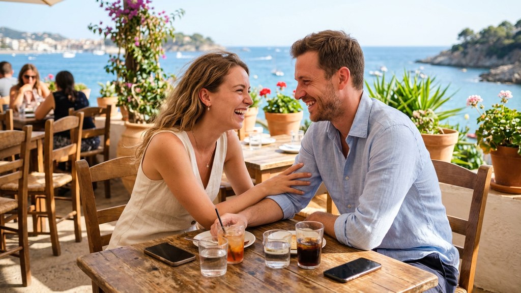 زوج در نخستین قرار در کافهٔ کنار دریا؛ تنهایی واقعی جای خود را به ارتباط می‌دهد — first date at a seaside cafe, loneliness giving way to real connection