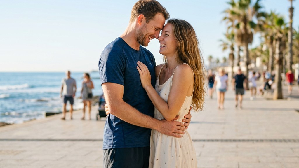 Fit couple embracing on a sunny seaside promenade after a run, a picture of muscle strength and erectile function in a healthy marriage