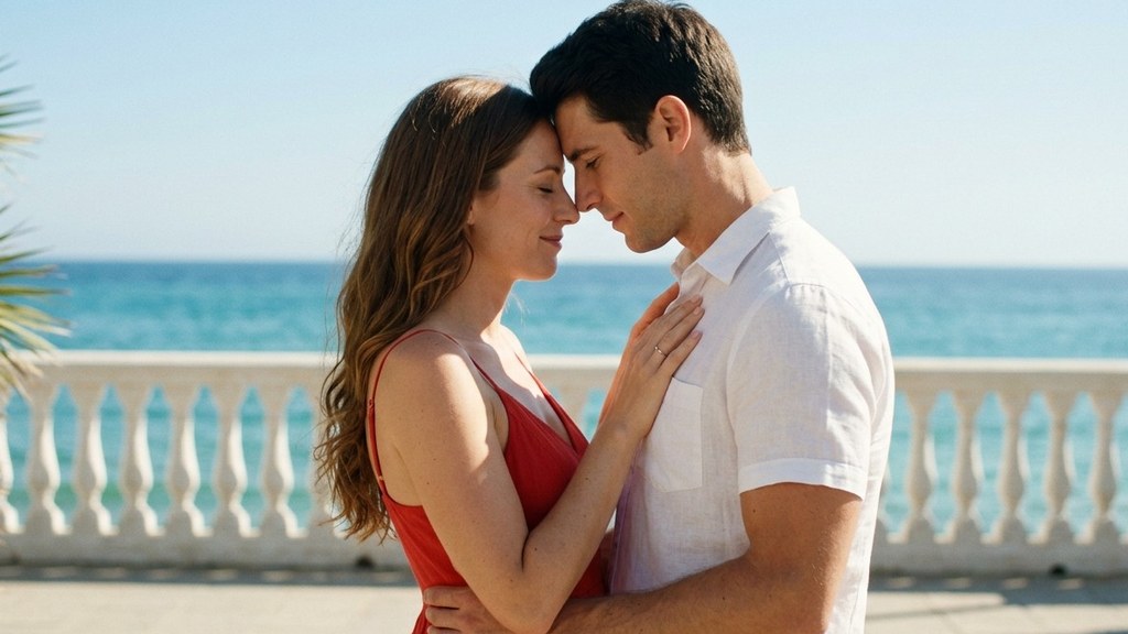 زوج در آغوش هم کنار دریا با پیشانی‌های به هم چسبیده؛ آشتی و بخشش در ازدواج | Couple reconciling by the sea, forgiveness in marriage