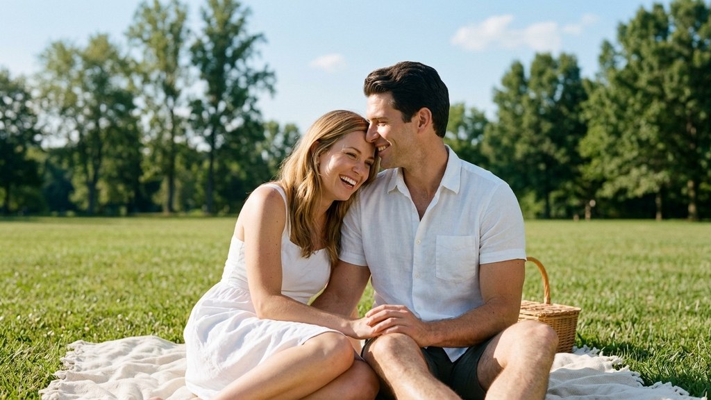 Smiling couple on a picnic blanket in a sunny park, a warm moment of forgiveness in marriage after a small disagreement