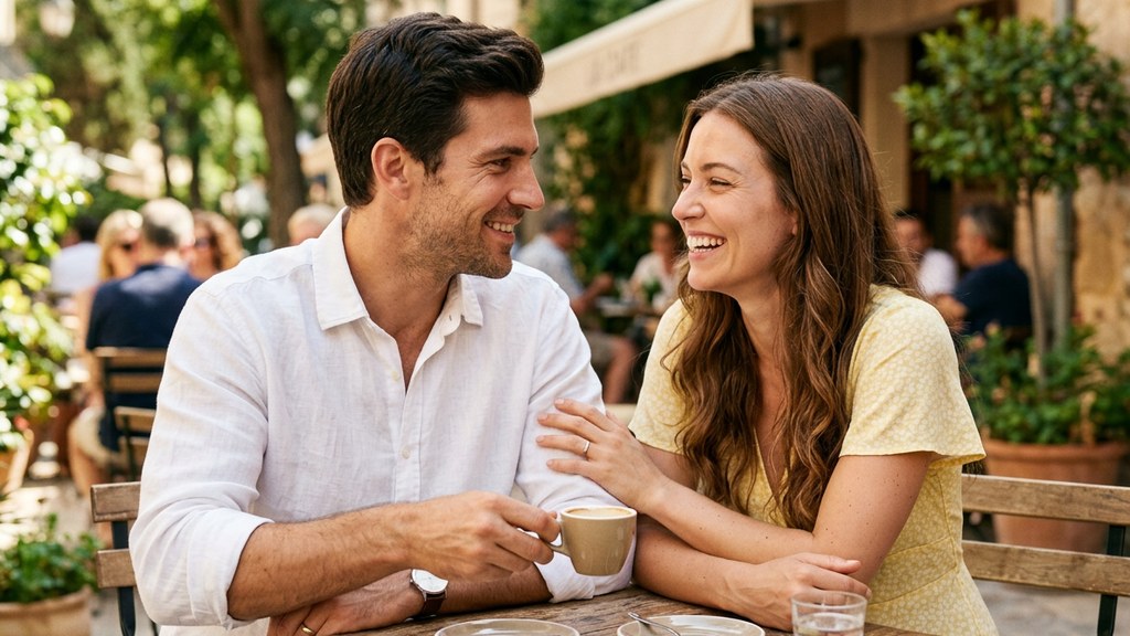 Gratitude in relationships: a laughing couple sharing coffee on a sunny cafe terrace, her hand resting warmly on his arm