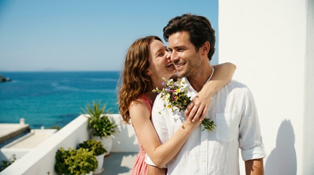 Gratitude in relationships: a smiling couple on a sunny seaside terrace, the woman hugging the man and holding wildflowers he gave her
