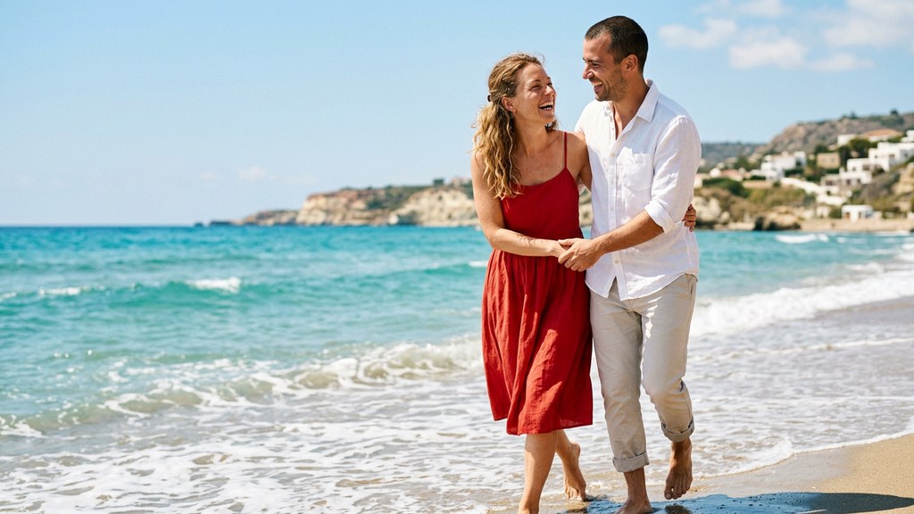 زوج شاد در ساحل آفتابی؛ سلامت کبد و انرژی زندگی مشترک — a happy couple on a sunny beach, liver health and shared energy