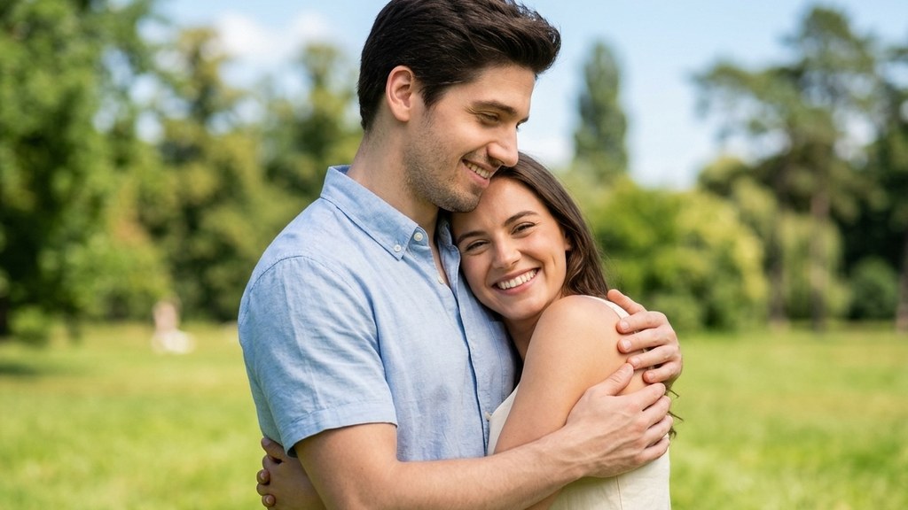 Smiling couple sharing a warm hug in a sunny green park, illustrating hugging and health
