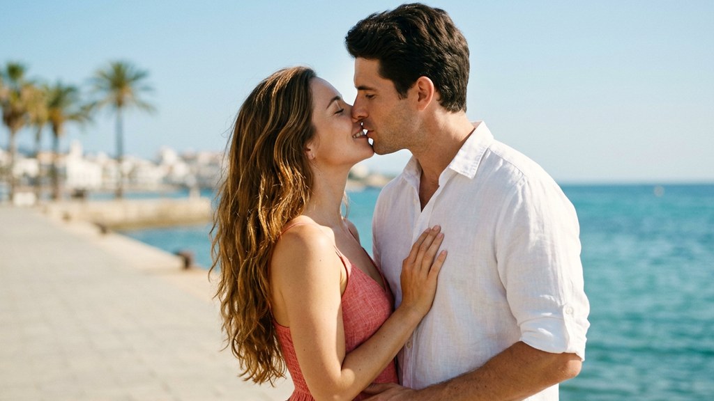 Couple sharing a sunny seaside kiss, kissing and partner choice