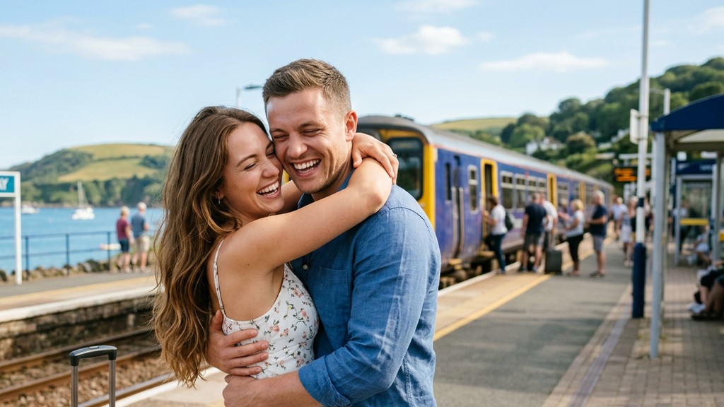 Happy couple embracing on a sunny seaside train platform, a joyful reunion for long-distance couples
