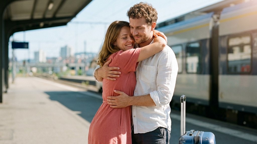Couple in a long-distance relationship reunited with an embrace on a sunny train platform