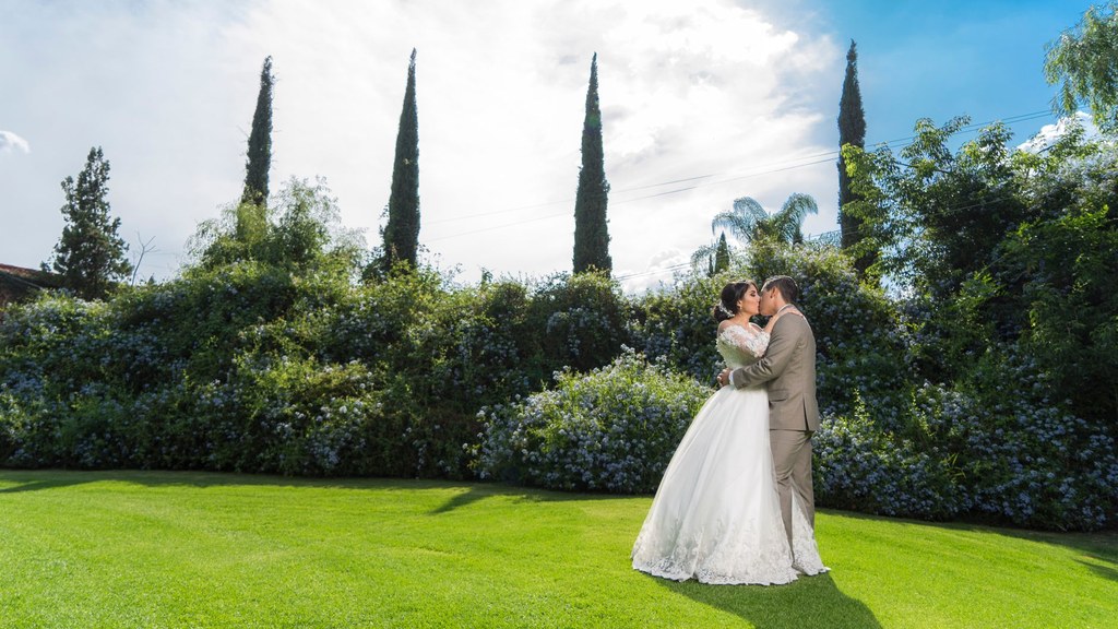 A bride and groom kiss on a bright green garden lawn under a blue sky, newlyweds at the start of building long-term desire