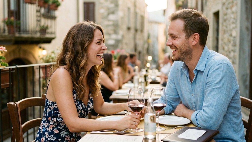 Couple laughing on a dinner date at a sunny old-town terrace; money in relationships