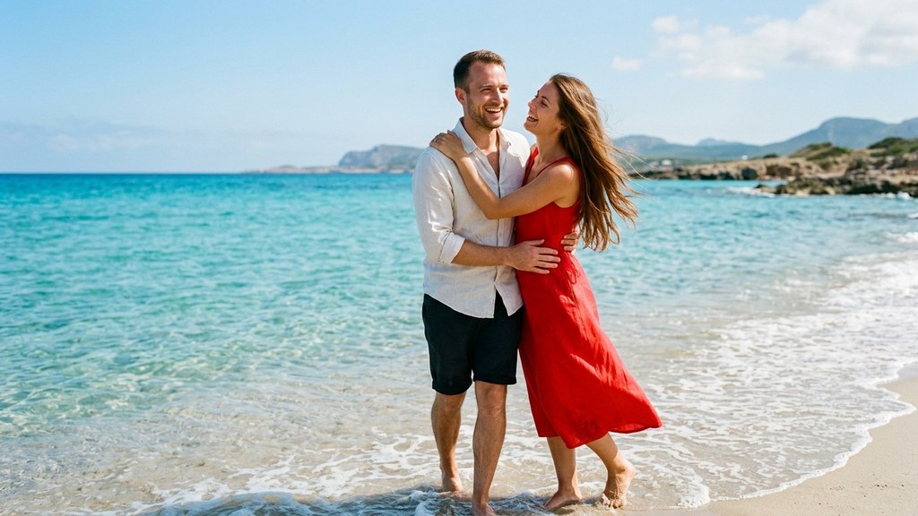 Smiling couple embracing on a sunny beach while talking about ejaculation time and intimacy