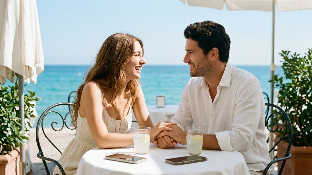 Phubbing and partner choice: a couple on a first date holds hands at a seaside café, both smartphones face-down on the table
