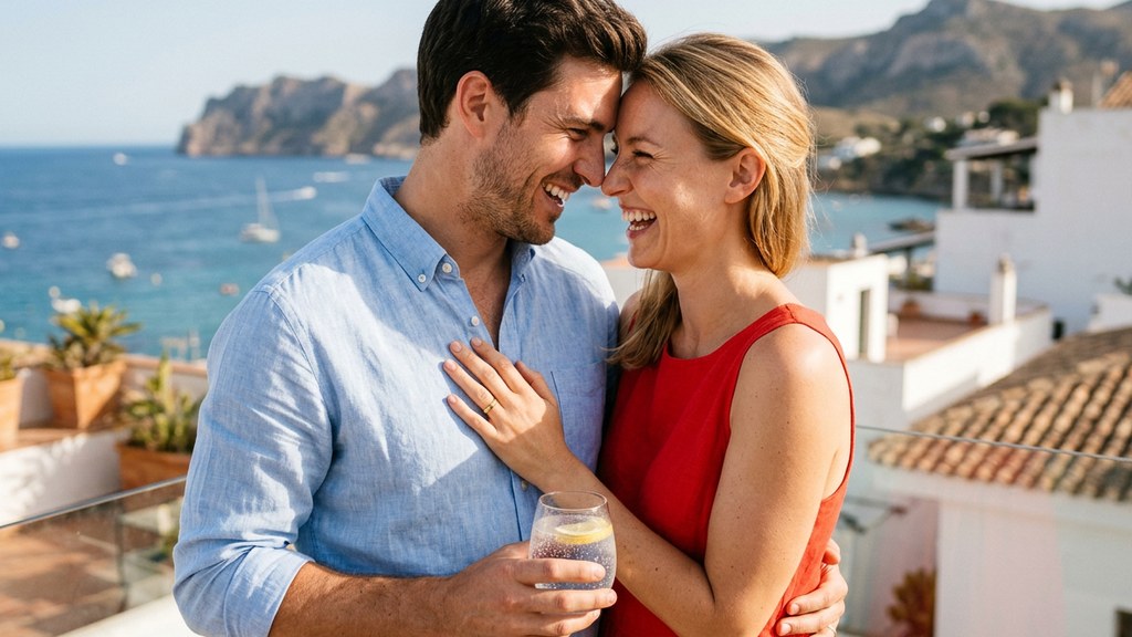 Laughing couple touching foreheads on a sunny seaside terrace: a power couple celebrating together