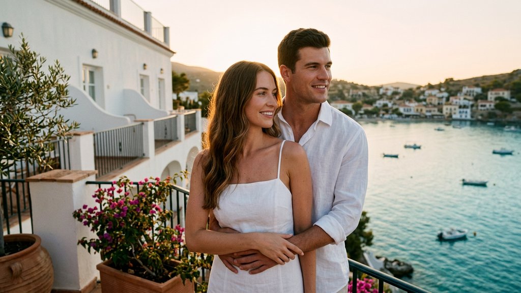 Young couple embracing on a hotel balcony above the sea at golden hour; a romantic getaway before marriage