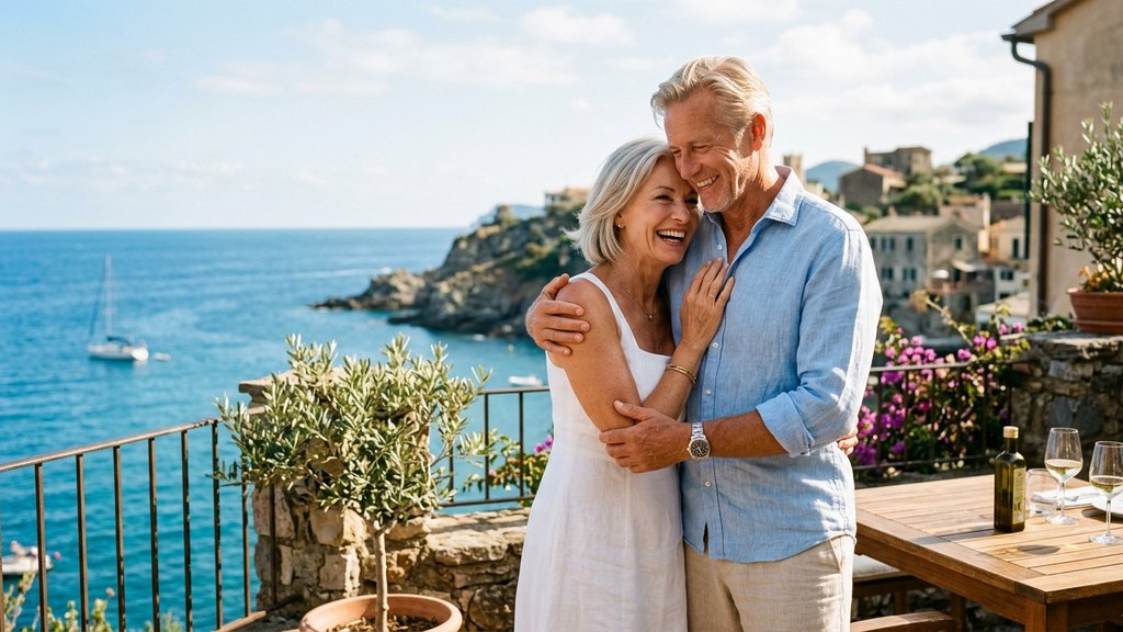 Happy couple around sixty embracing on a sunny seaside terrace, a joyful image of sex after 60