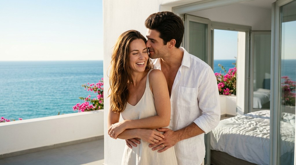 Honeymoon couple laughing and embracing on a sunny seaside terrace, a warm image for an article on sexual frequency in marriage