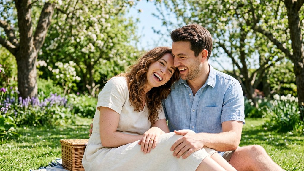 Engaged couple laughing together on a picnic blanket in a sunny garden