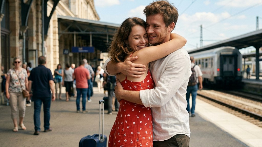 Couple in a long-distance relationship reunited with an embrace on a sunny train platform