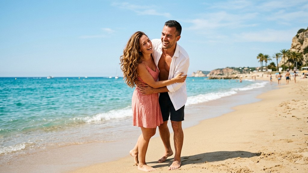 Happy couple embracing on a sunny beach while discussing weight-loss drugs and intimacy